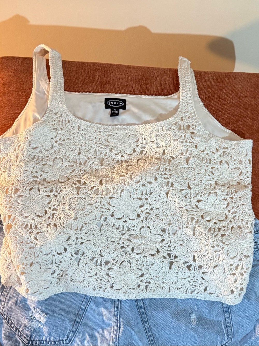 Crochet Floral Tank Top in Cream by Scoop